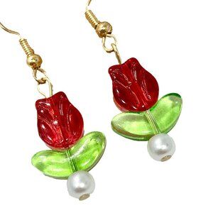 Murano Style Art Glass Tulip Flower Earrings Red Green Gold Plated Pearl Beads